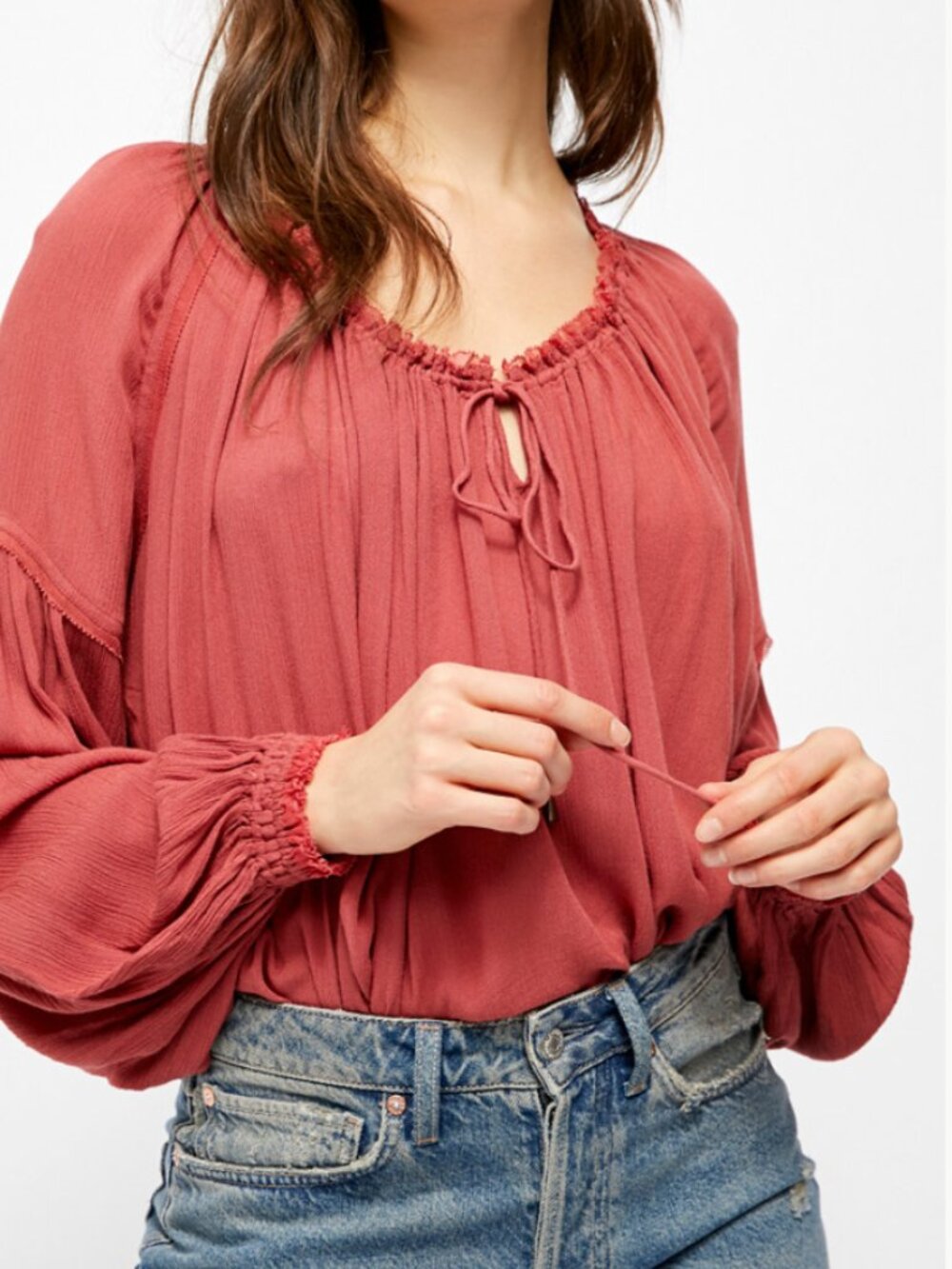 Free People NWT Banda Blouse Terracotta Crinkle Gauze Peasant Top [Large]